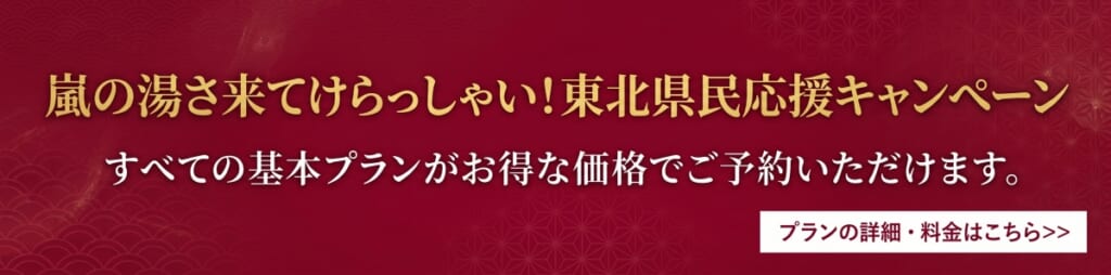 嵐の湯さ来てけらっしゃい！東北県民応援キャンペーン
すべての基本プランがお得な価格でご予約いただけます。
プランの詳細・料金はこちら>>